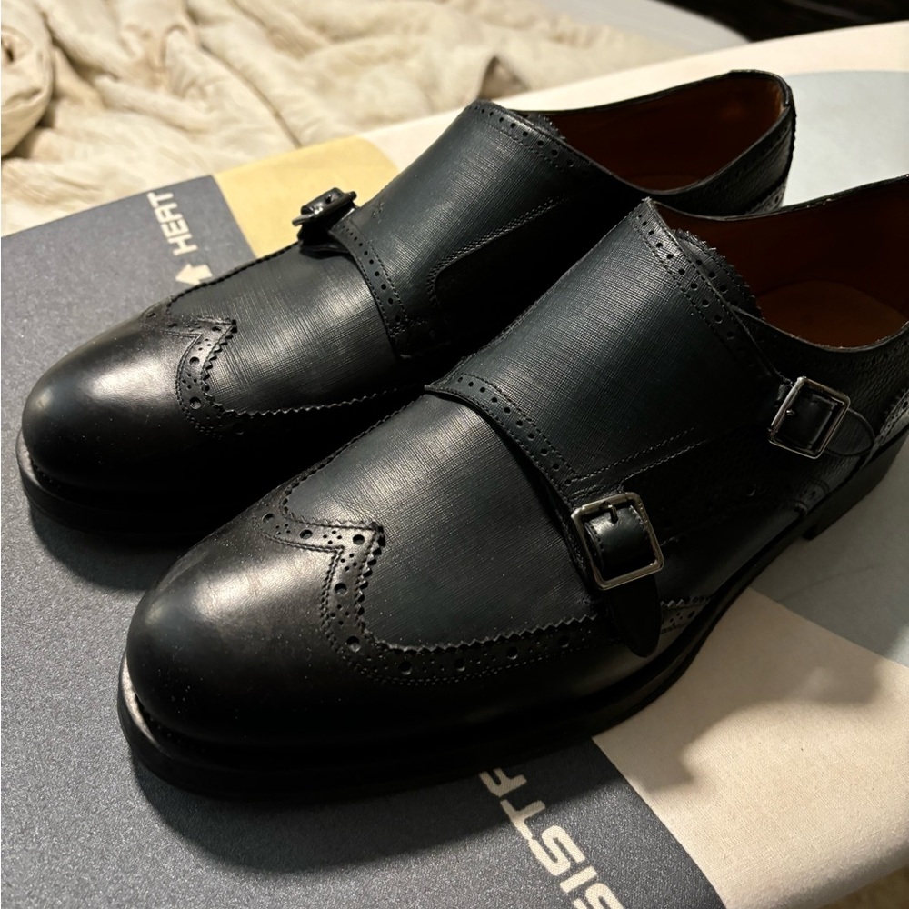 Bally black & green-blue leather double monk straps.  Very good condition.